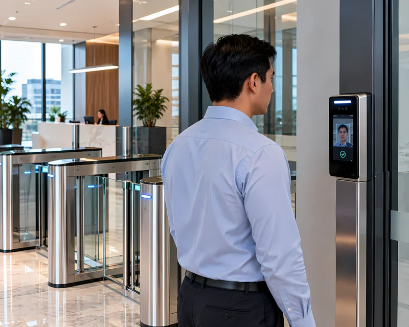 Colaborador ingresando con lector de reconocimiento facial en el lobby de una oficina corporativa