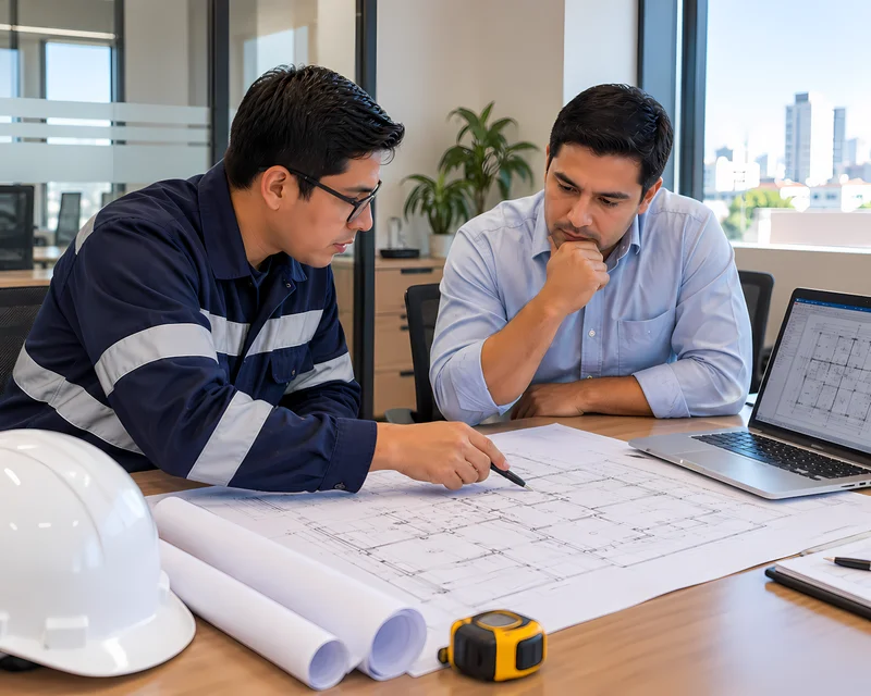 Reunión técnica para planificar el diseño eléctrico de una sede corporativa