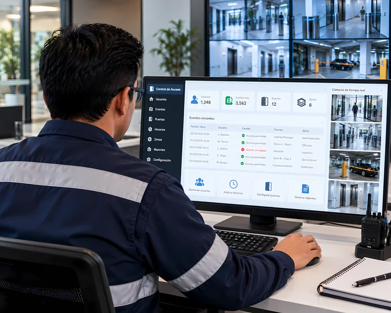 Pantalla con software de control de acceso mostrando usuarios, permisos y registros de ingreso