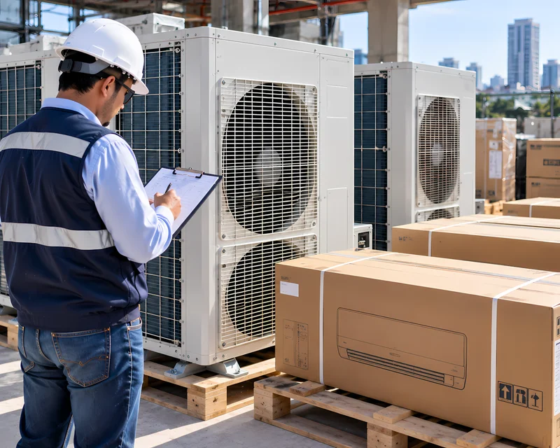 Equipos de aire acondicionado nuevos en obra listos para la instalación en una empresa