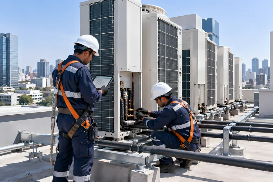 proyectos de aire acondicionado para empresas en la azotea de un edificio corporativo