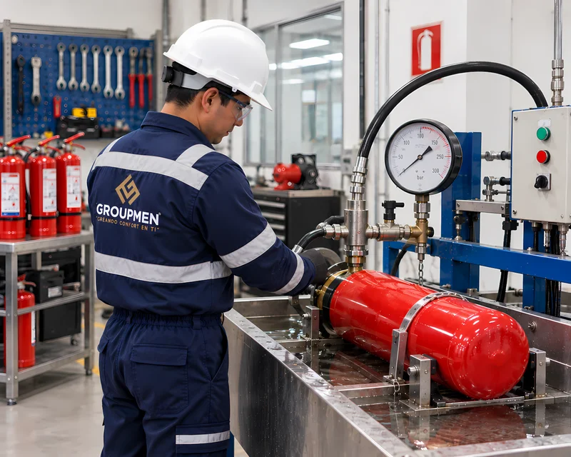 Prueba hidrostática de cilindro de extintor en banco de pruebas