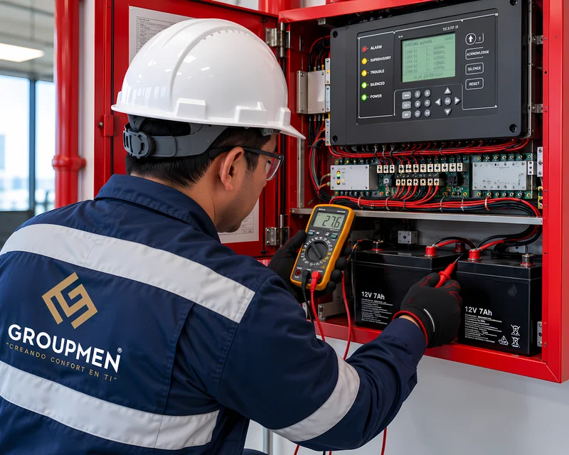 Técnico midiendo baterías de un panel de alarma con multímetro