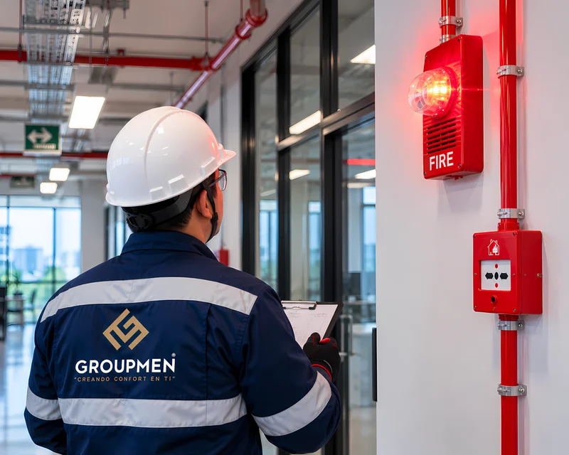 Sirena y estrobo de alarma activados en un pasillo de una empresa