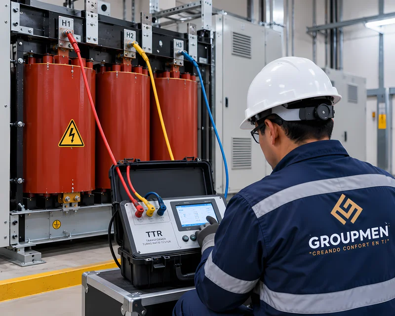 Pruebas eléctricas en transformador industrial