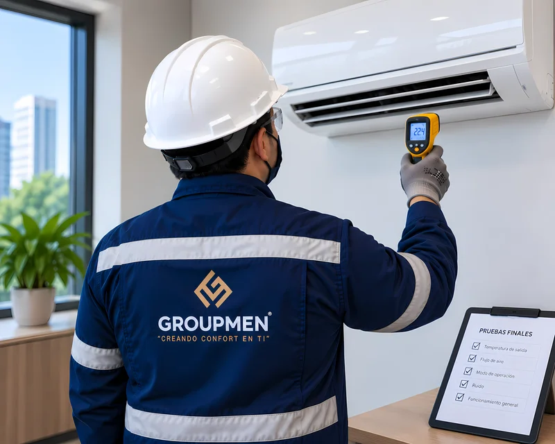 Técnico verificando temperatura y rendimiento de equipo split en funcionamiento