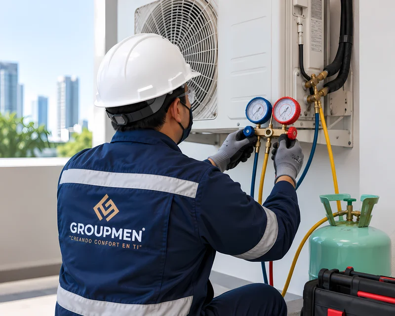 Técnico verificando presión y recargando gas refrigerante en equipo split