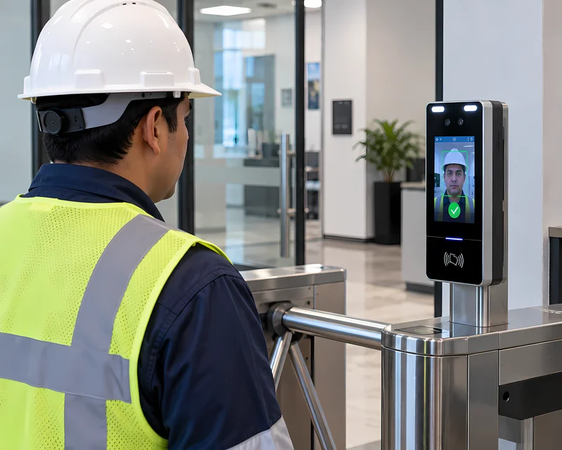 Terminal de reconocimiento facial identificando a un colaborador en el ingreso de una empresa