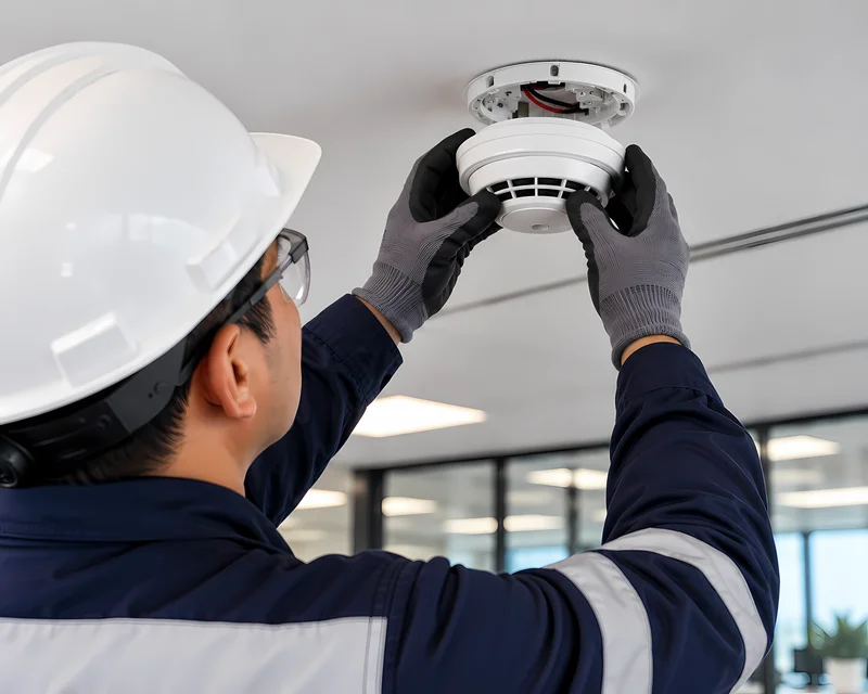 Técnico instalando un detector de humo nuevo en techo