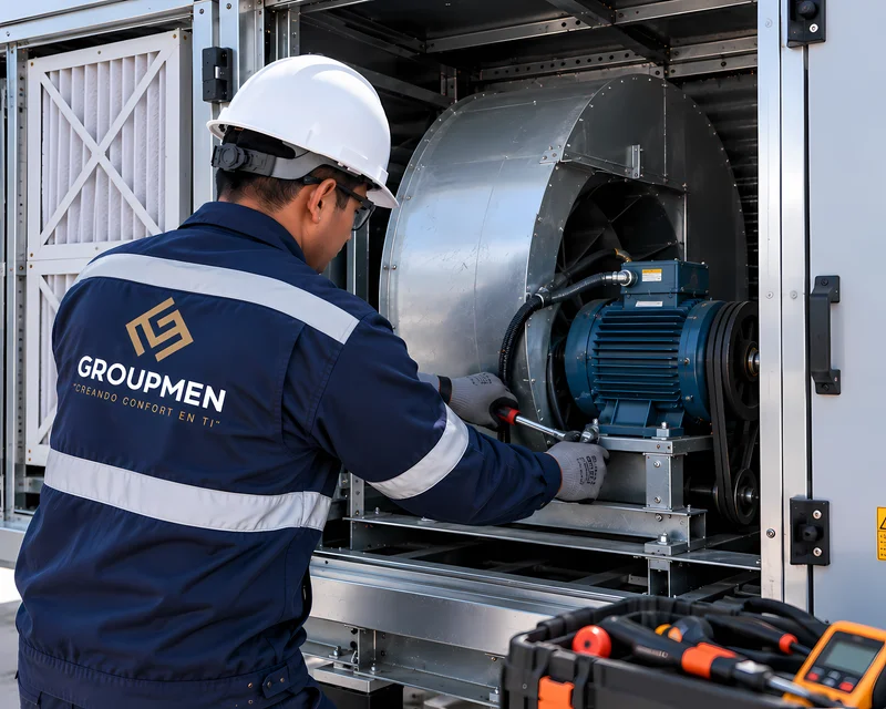 : Técnico revisando motor y ventilador de Unidad Manejadora de Aire