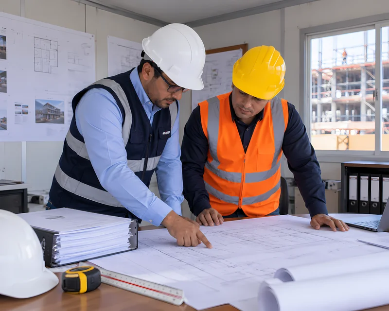 Ingeniero revisando planos y expediente técnico antes de iniciar la supervisión de obras