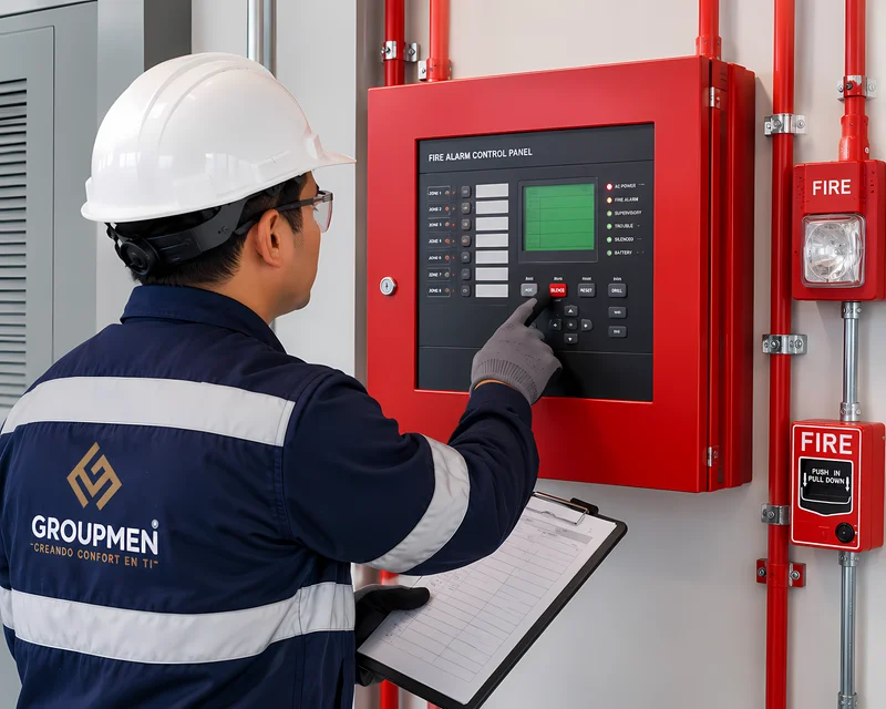 Técnico revisando panel de control de detección de incendios