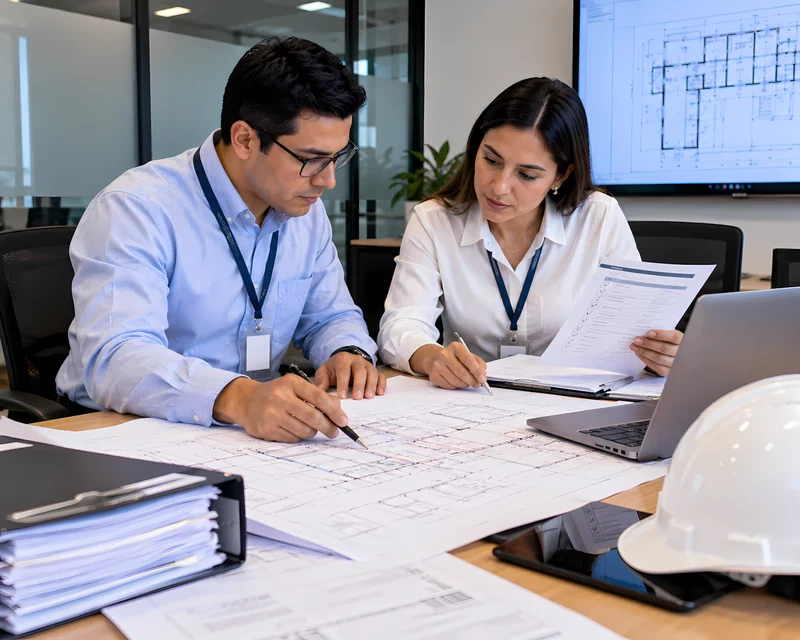 Ingeniero y jefe de proyectos revisando los requisitos del trámite para la memoria descriptiva