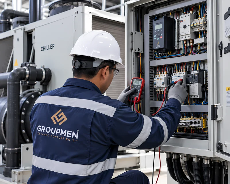 Técnico revisando tablero de control eléctrico de un chiller