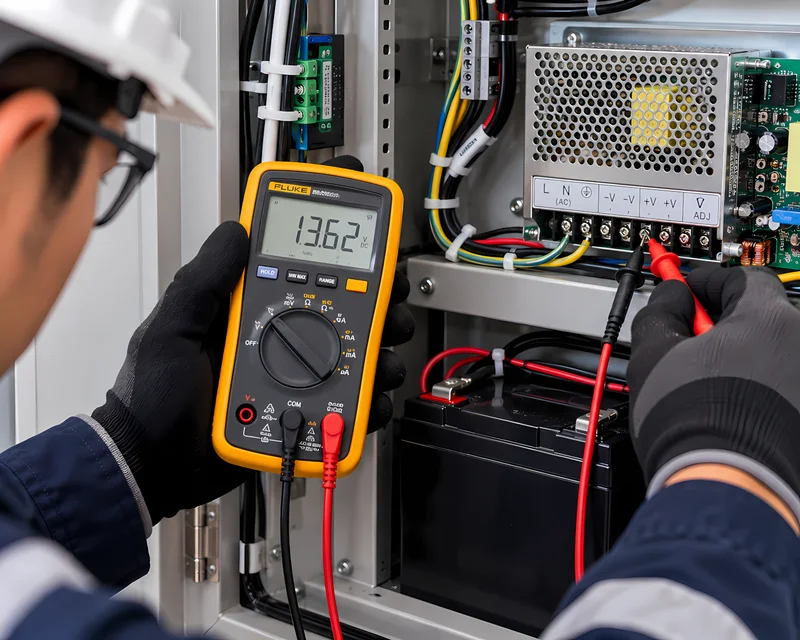 Técnico midiendo voltaje con multímetro en la fuente de poder y batería del sistema de control de acceso