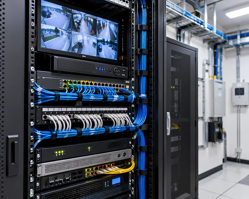 Rack de comunicaciones con NVR y switch incluido en el expediente técnico de seguridad electrónica
