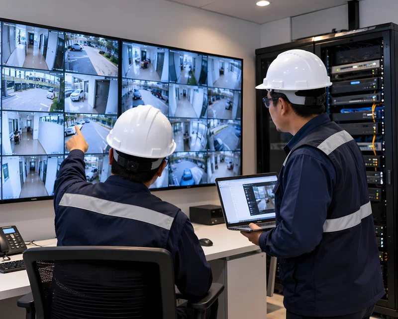 Supervisor validando las vistas de cámaras CCTV junto al contratista antes de la entrega