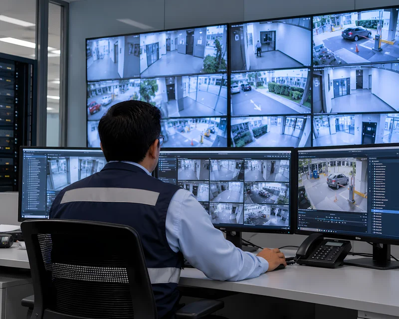 Sala de monitoreo con cámaras de varias sedes revisadas durante la inspección técnica