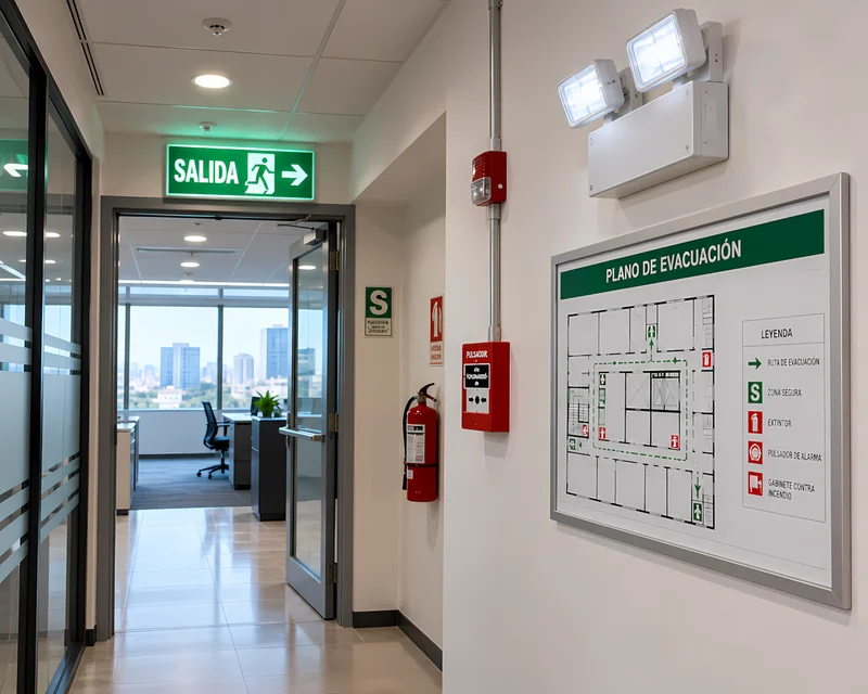 Señal de salida y luz de emergencia en el pasillo de una oficina para la memoria de seguridad ITSE