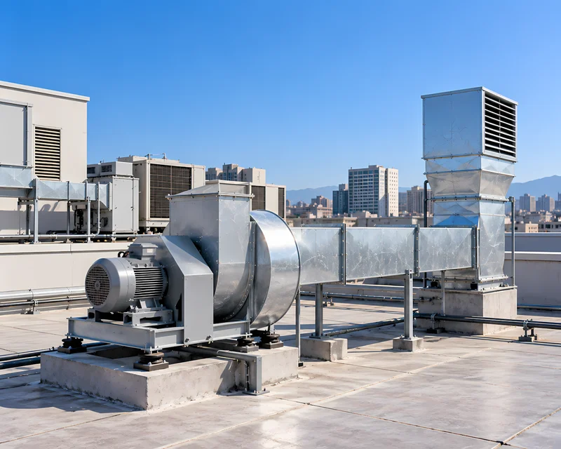 Extractor centrífugo seleccionado para el sistema de ventilación en la azotea de un edificio