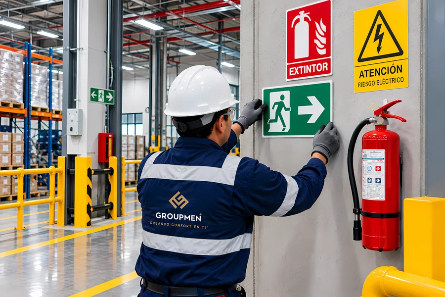 Señalización de seguridad para empresas instalada por técnico de Groupmen en planta industrial
