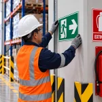 Técnico instalando señalización de seguridad de salida de emergencia en almacén industrial