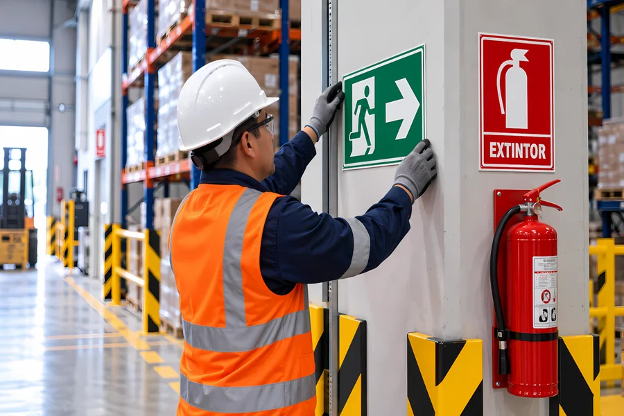 Técnico instalando señalización de seguridad de salida de emergencia en almacén industrial