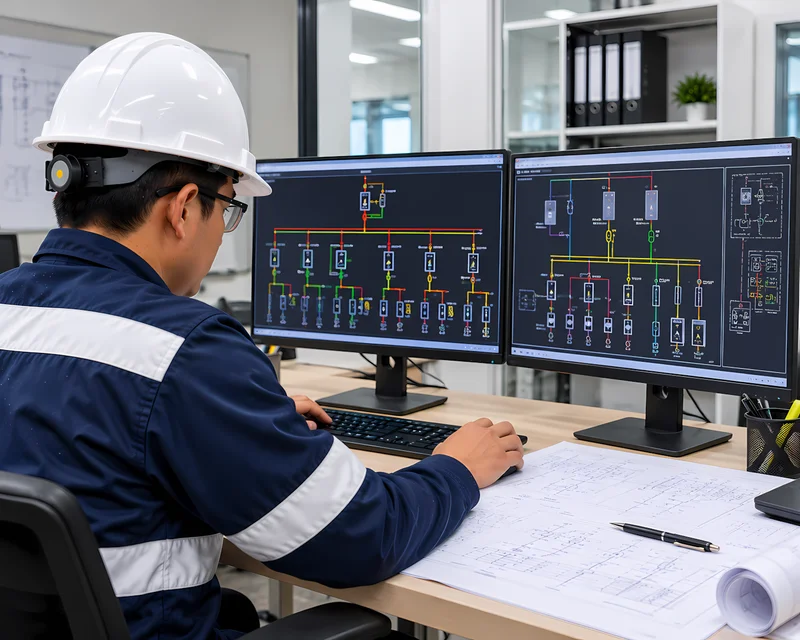 Ingeniero simulando el sistema eléctrico de una planta en software de estudios eléctricos