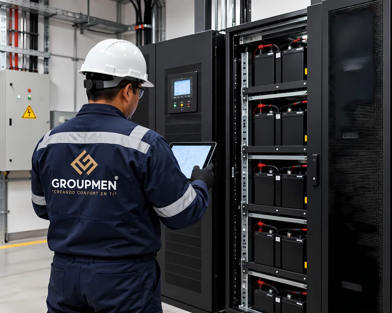 Técnico revisando sistema UPS y baterías de respaldo con tablet