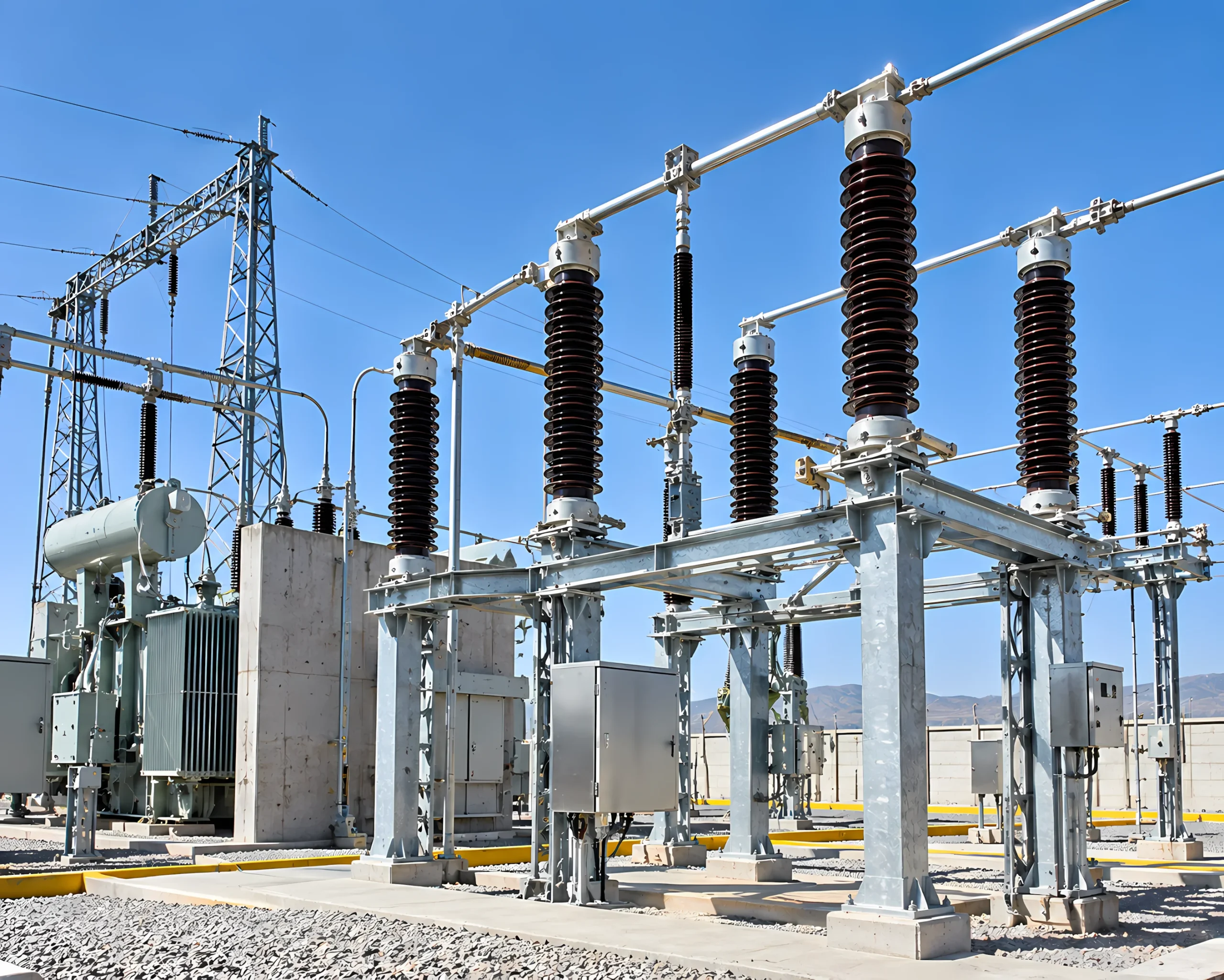 Subestación eléctrica de media tensión con aisladores y estructura metálica