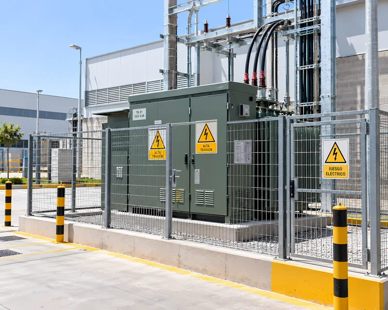 Subestación compacta con transformador instalada en el patio de una sede industrial