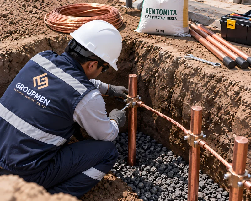 Técnico instalando varillas copperweld y conectores certificados