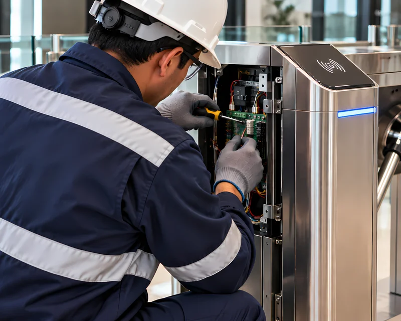 Técnico instalando torniquetes de control de acceso en la recepción de un edificio corporativo