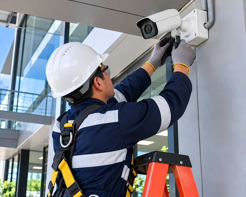 Técnico con EPP instalando una cámara IP en altura como parte de la instalación de CCTV