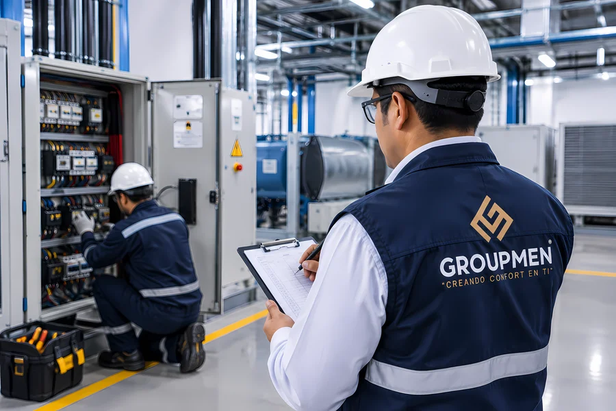 Supervisor técnico de Groupmen realizando supervisión de mantenimiento en instalaciones eléctricas