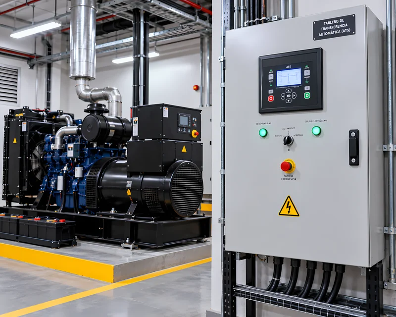Tablero de transferencia automática junto a un grupo electrógeno industrial