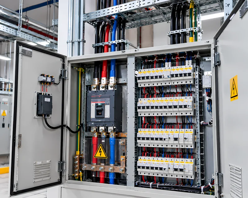 Tablero eléctrico general instalado con interruptores y alimentadores ordenados en una empresa