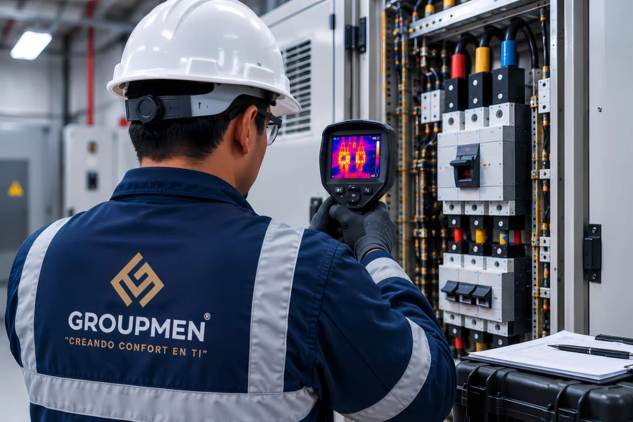 Técnico realizando termografía eléctrica con cámara infrarroja en tablero eléctrico industrial