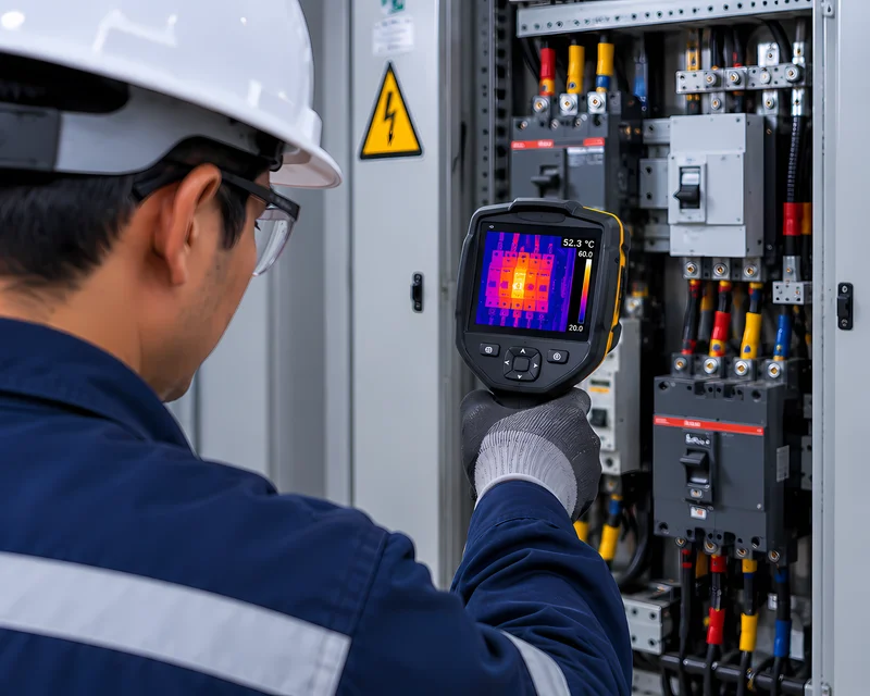 Cámara termográfica detectando puntos calientes en tablero eléctrico