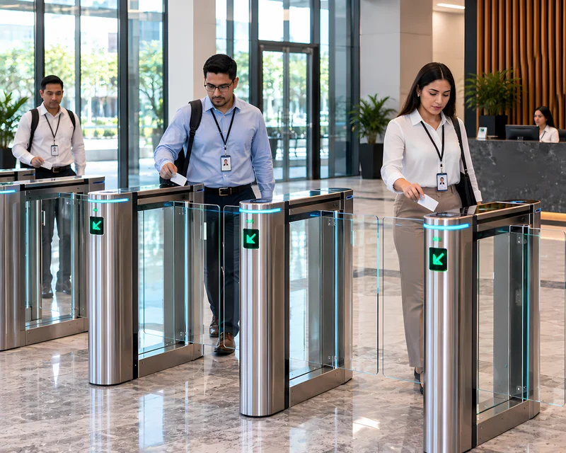 Puertas speed gate de control de acceso en el lobby de un edificio corporativo
