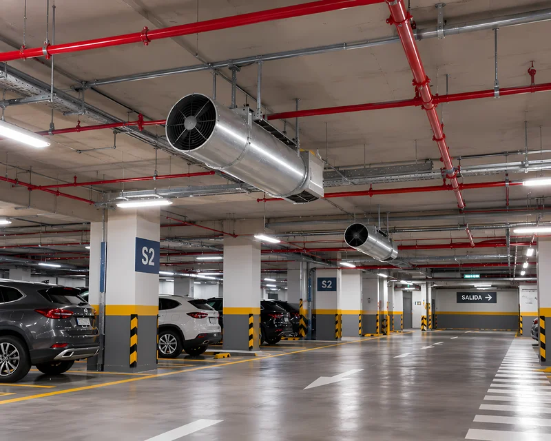 Jet fan de extracción de monóxido en estacionamiento subterráneo incluido en el expediente técnico de ventilación